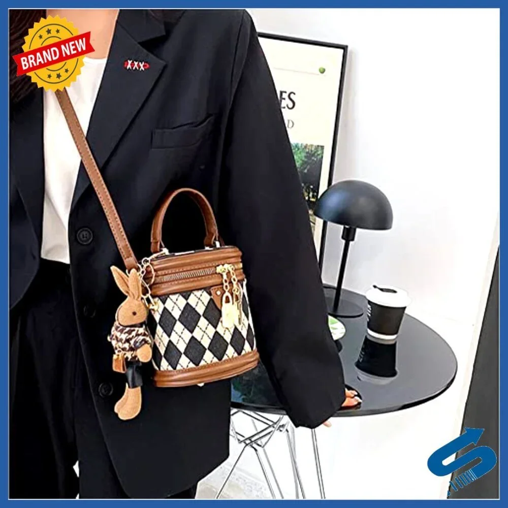 Small Quilted Faux Leather Satchel Crossbody Bag with Bunny Pendant